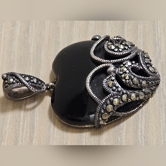 Onyx & Marcasite 3D Heart 925 Sterling Silver Pendant $245 - Picture 5 of 14